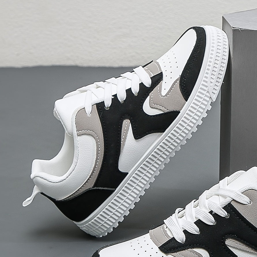 Women's Casual Low-Top Lace-Up Sneakers Black White Tan Color Block Non-Slip PVC Sole