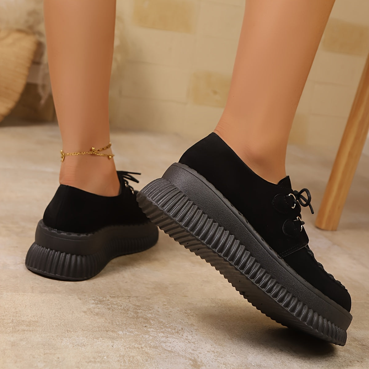 Women's Black Chunky Platform Loafers Casual Shoes with Rubber Sole