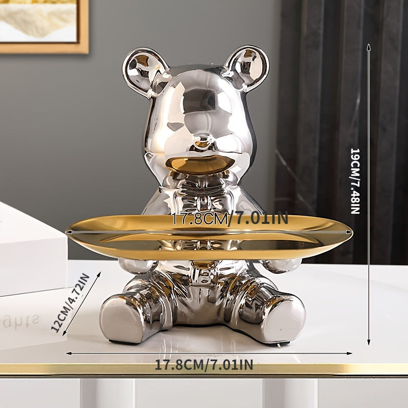 Ceramic Bear Figurine with Metal Tray Modern Home Decor Key Organizer