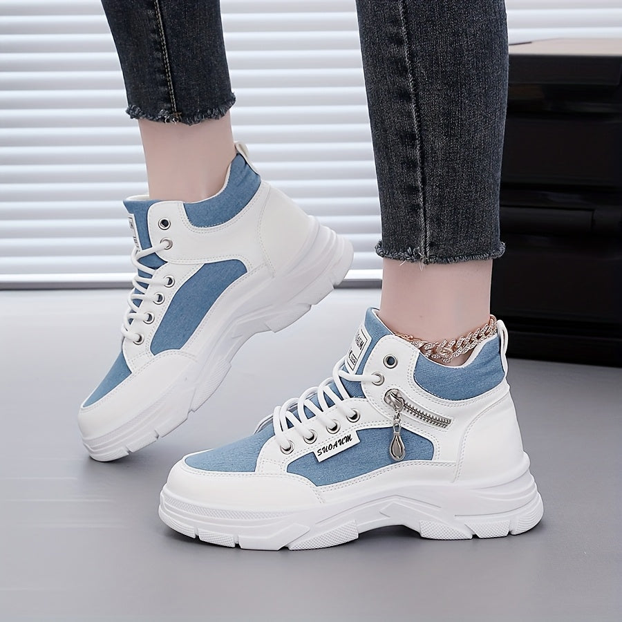 Women’s Leopard Blue White High-Top Sneakers with Thick Sole