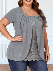 Camiseta de manga corta para mujer talla grande en negro con detalle de encaje