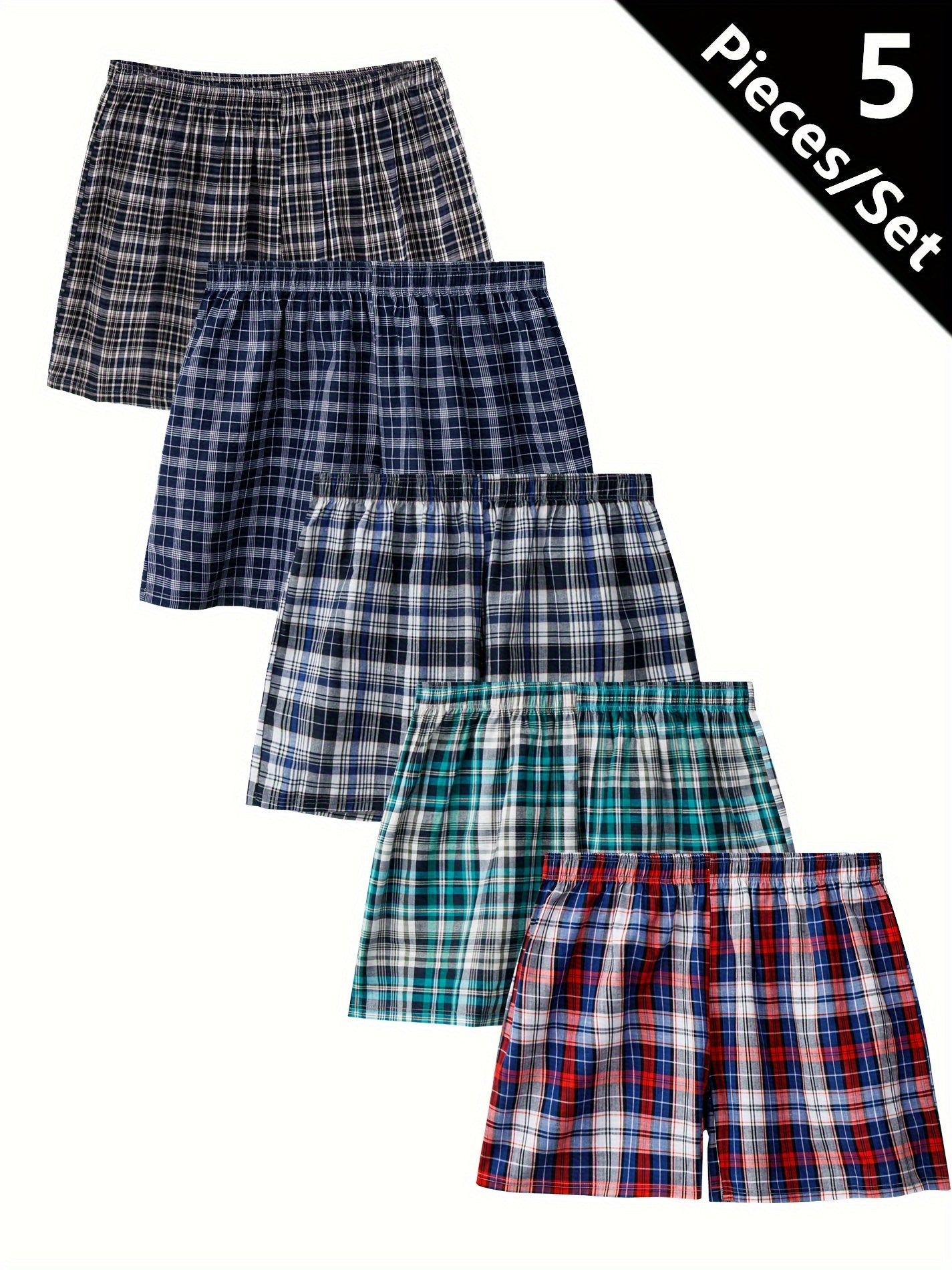 Men's Plaid Cotton Boxer Briefs Pack of 5 Breathable Loose Fit for Home or Beach