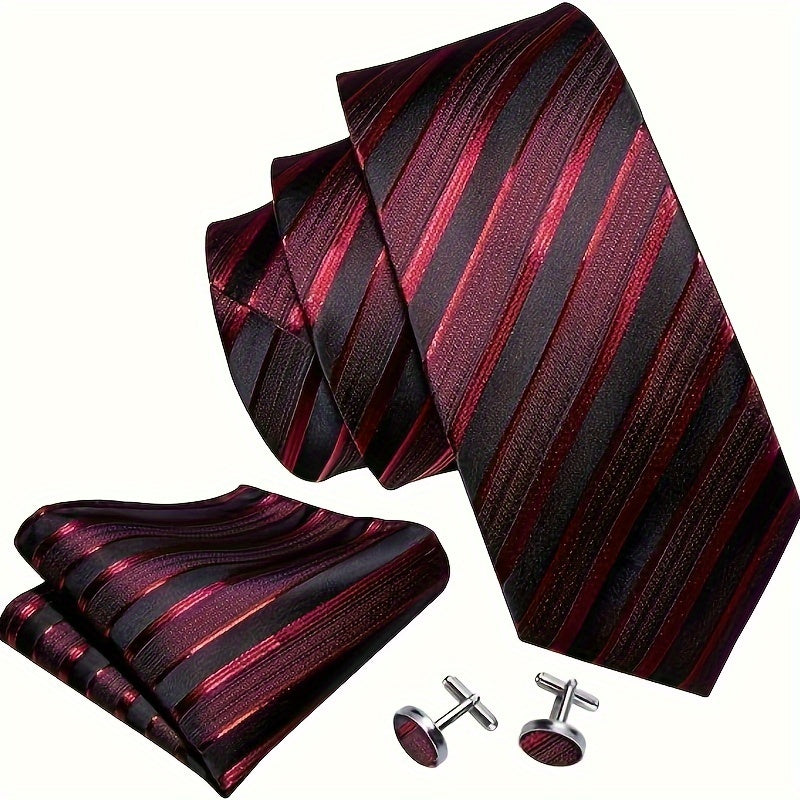 Men's Classic Striped Necktie Set with Handkerchief and Cufflinks for Business Parties