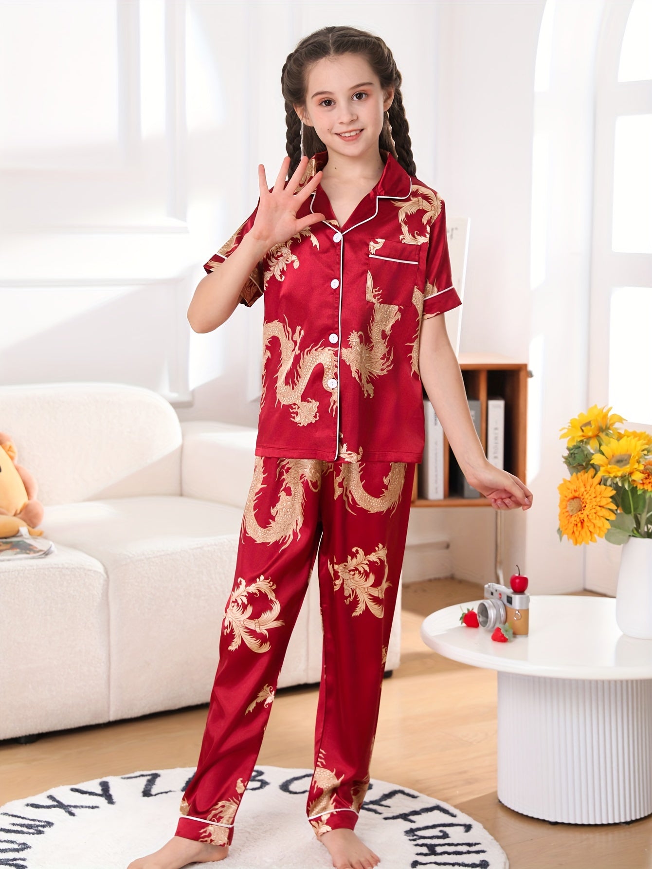 Qizlar uchun ajdaho naqshli pijama to'plami, cho'zilmaydigan polyester, to'qilgan mato, bahor/yoz, 90gsm, tasodifiy yengli ko'ylak.