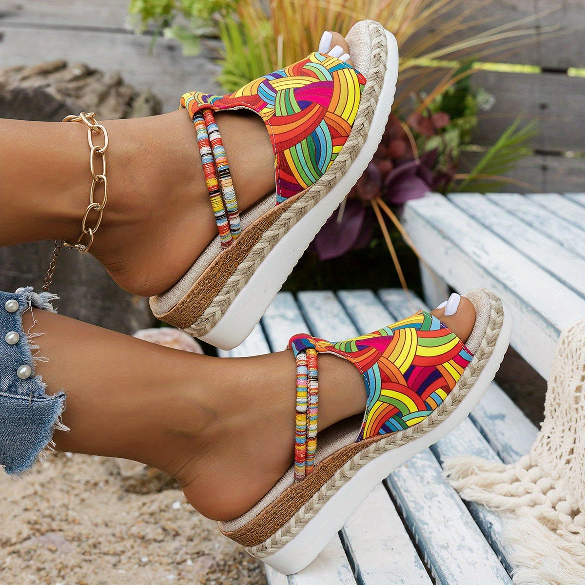Women's Bohemian Style Slide Sandals Vibrant Geometric Pattern Open Toe