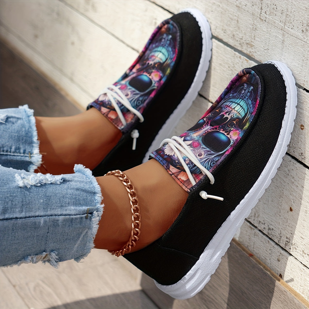 Women Black Loafers with Colorful Skull Design Breathable Non-Slip Slip-On