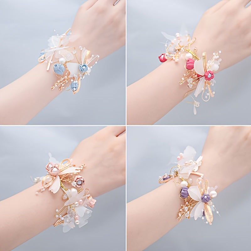 Wedding Wrist Corsages for Brides and Bridesmaids Fabric Flower Ribbon Bracelets