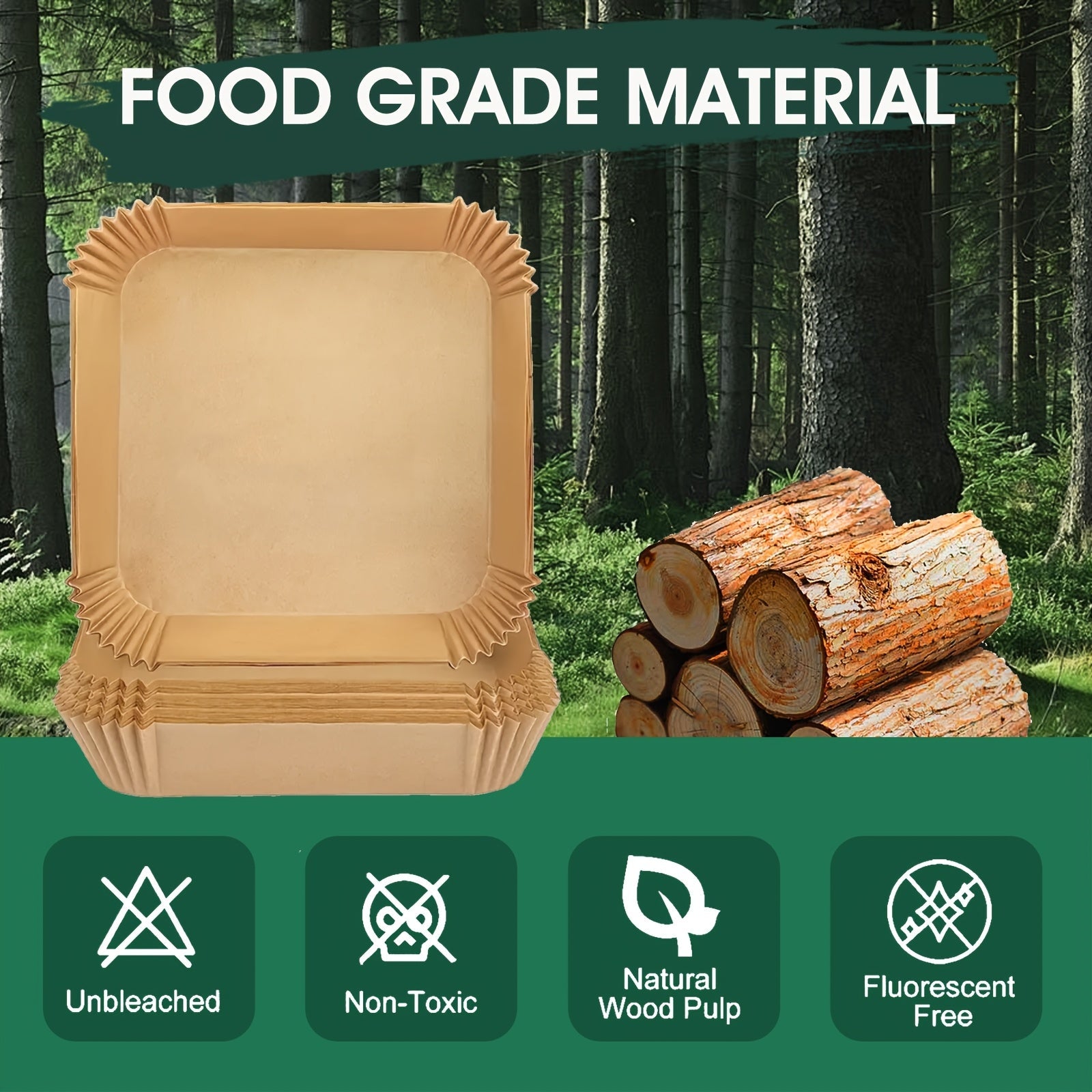 Square Parchment Paper Liners 100-Pack Non-Stick Food-Grade Oil-Absorbent for Air Fryer Baking