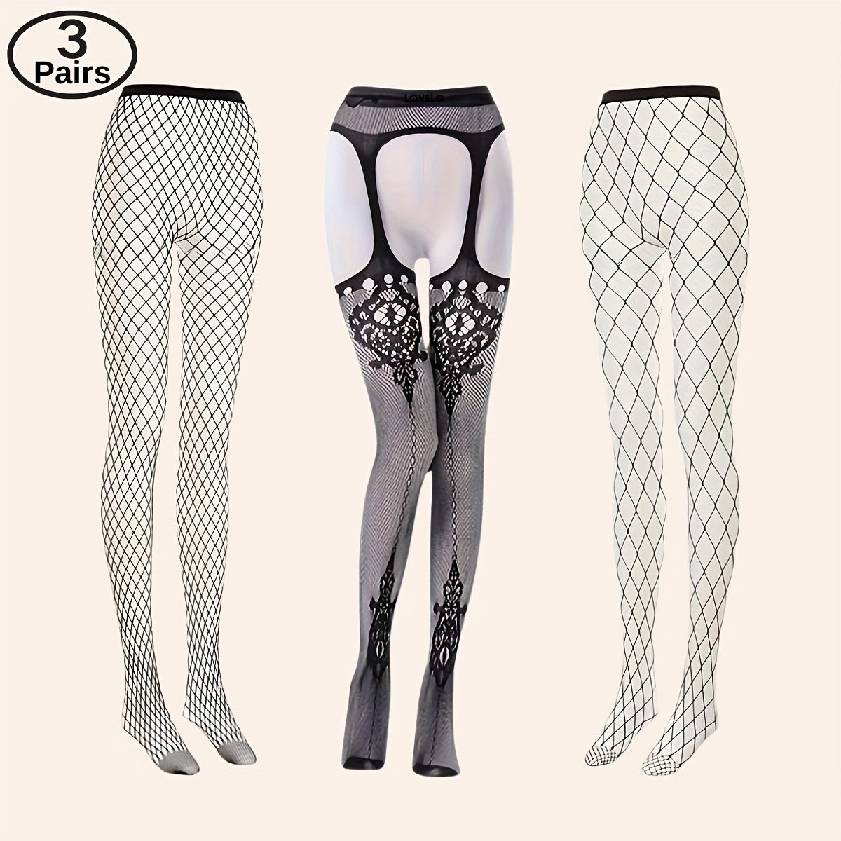 Women's Fishnet Stockings Set with Garter Belts and Thong