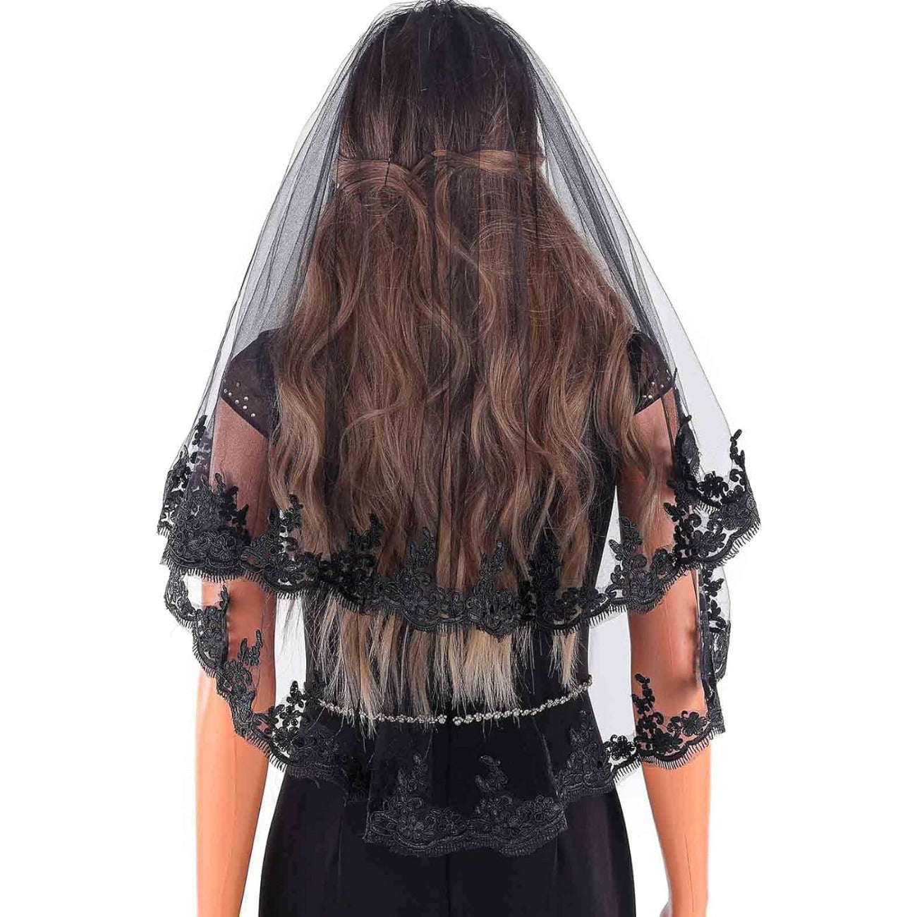 Black Lace Bridal Veil with Comb Fingertip and Long Length for Weddings and Occasions