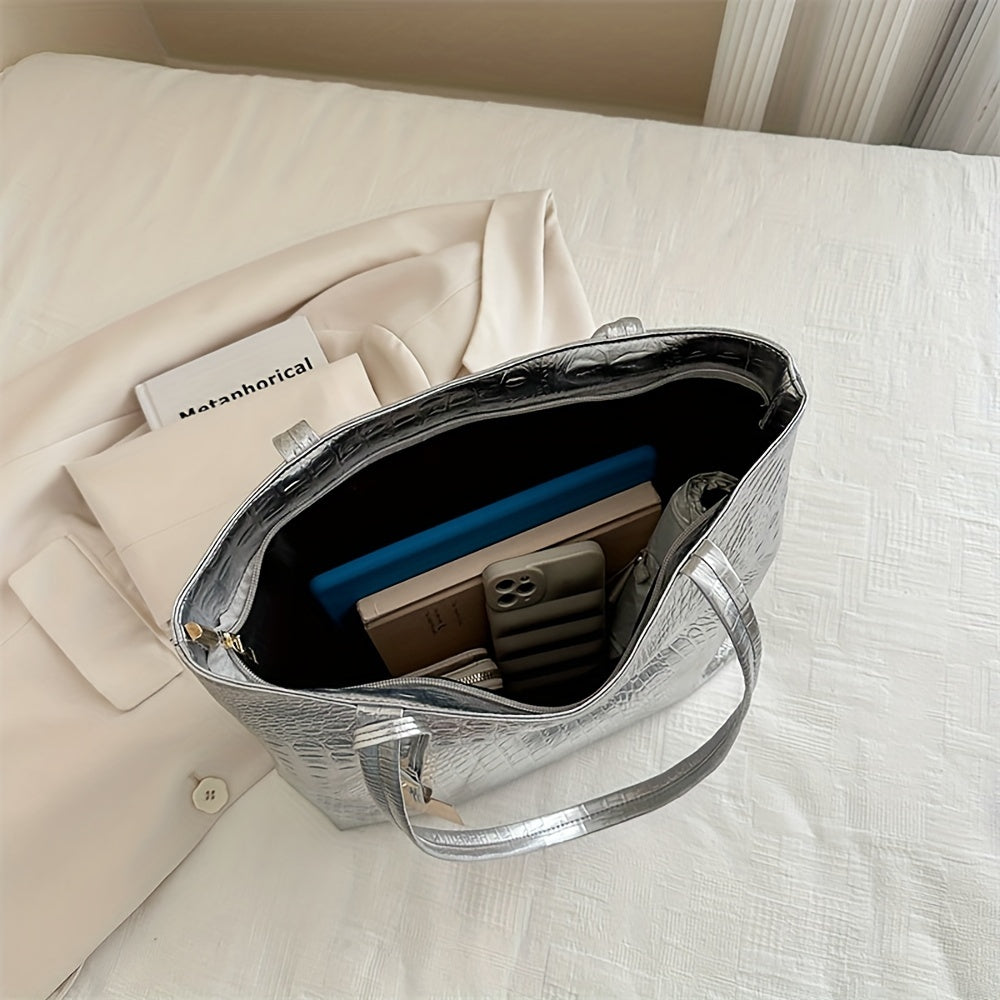 Yengil, biznes tasodifiy to'plov, katta sig'imga ega. PU materialidan tayyorlangan ikki tutqichli yelka sumkasi, krokodil naqshli tafsilotlarga ega, ish va safar uchun ideal.