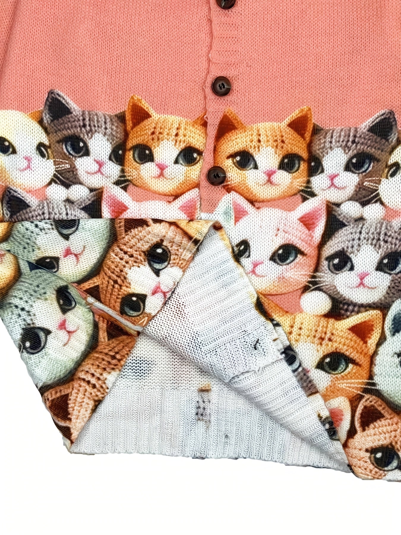 Plus Size Women's Lightweight Cat Print Cardigan Long Sleeve Pink Casual Fall Jacket