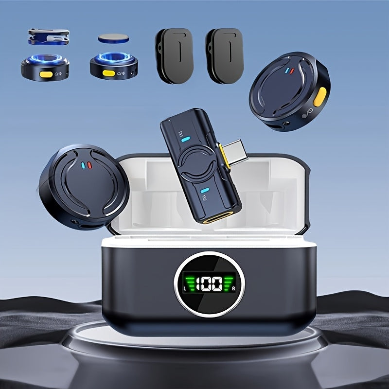 Профессиональный беспроводной микрофон-колокольчик с 2 комплектами и зарядным кейсом, шумоподавление, совместим с Android/iPhone, 15 режимов захвата, 60 часов работы от батареи, подходит для интервью.