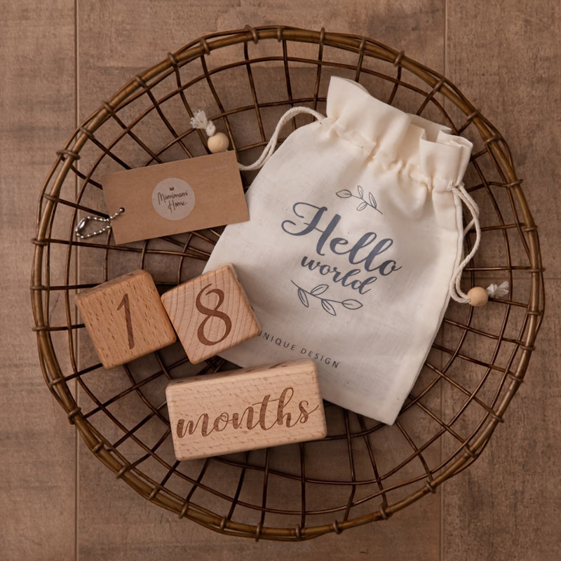Wooden Milestone Blocks Set for Baby Photos and Growth Memories Light Brown with Drawstring Bag