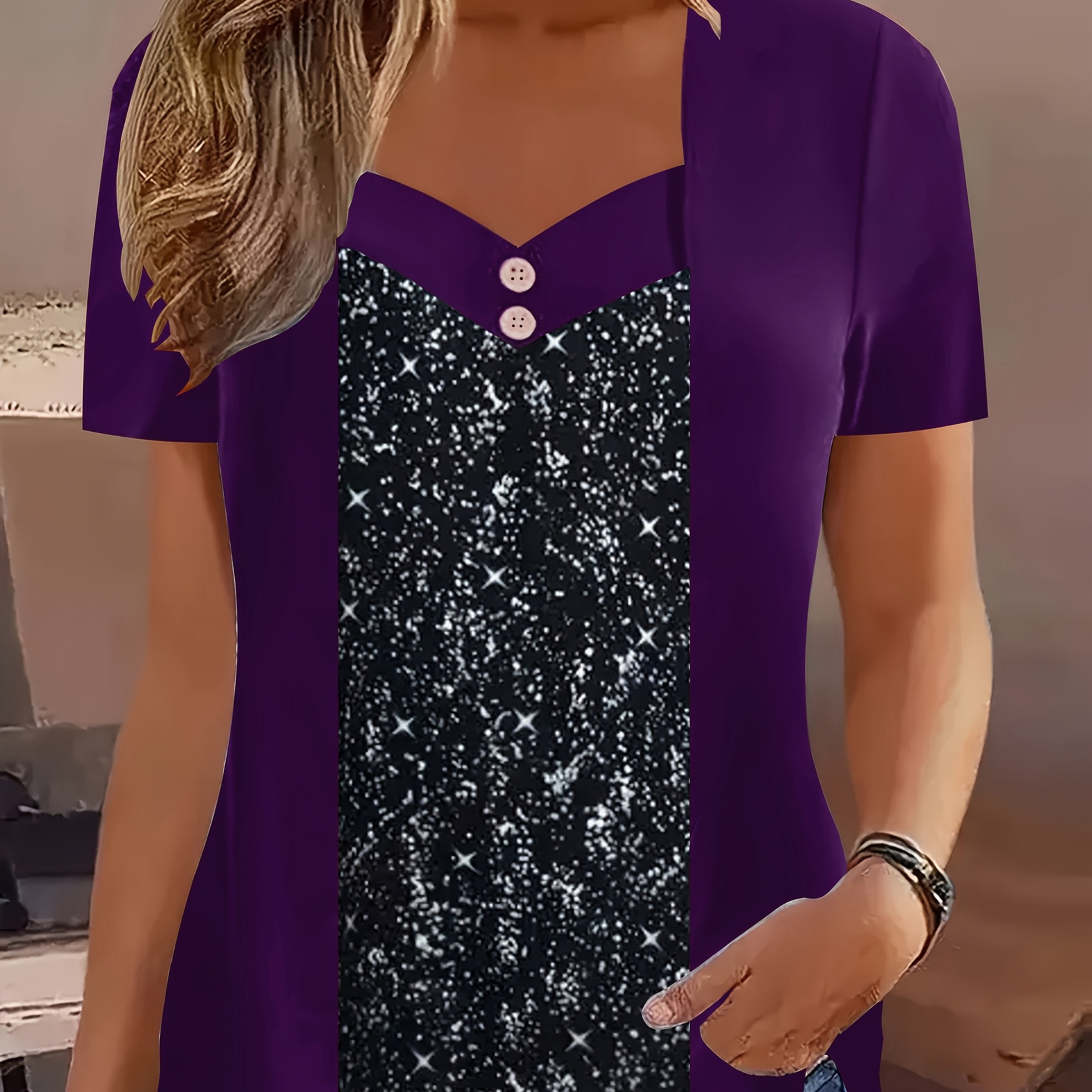 Women Plus Size V-Neck Short Sleeve T-Shirt with Galaxy Print Red Black