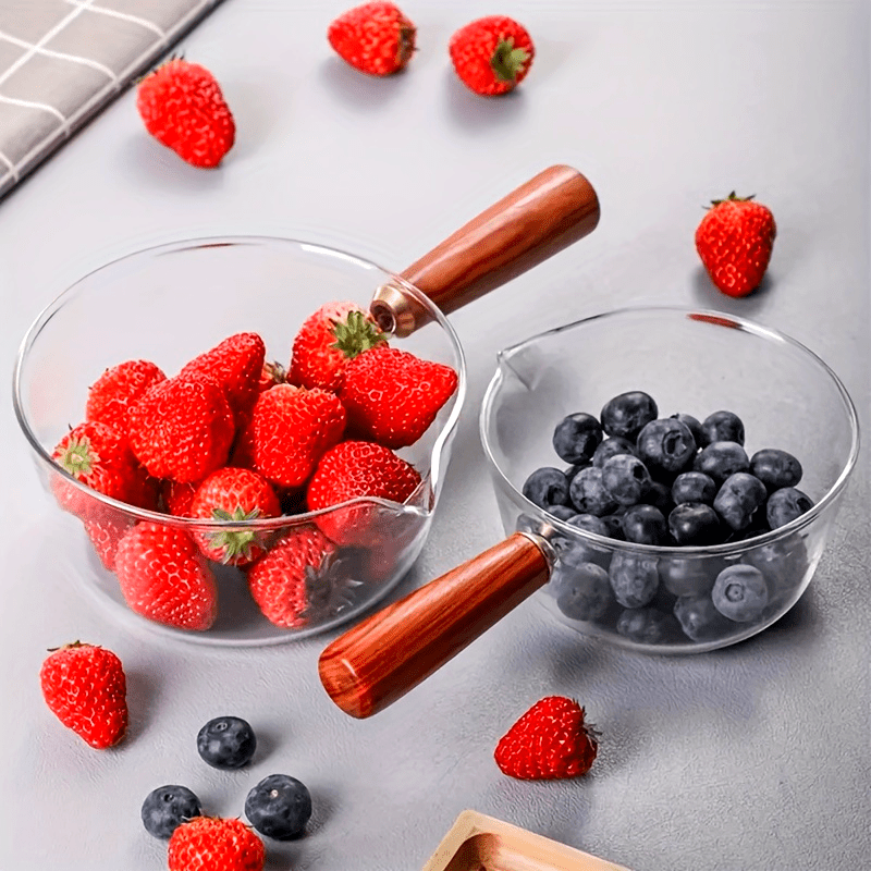 Glass Milk Pot with Red Wooden Handle Non-Stick Lid 450ml or 650ml