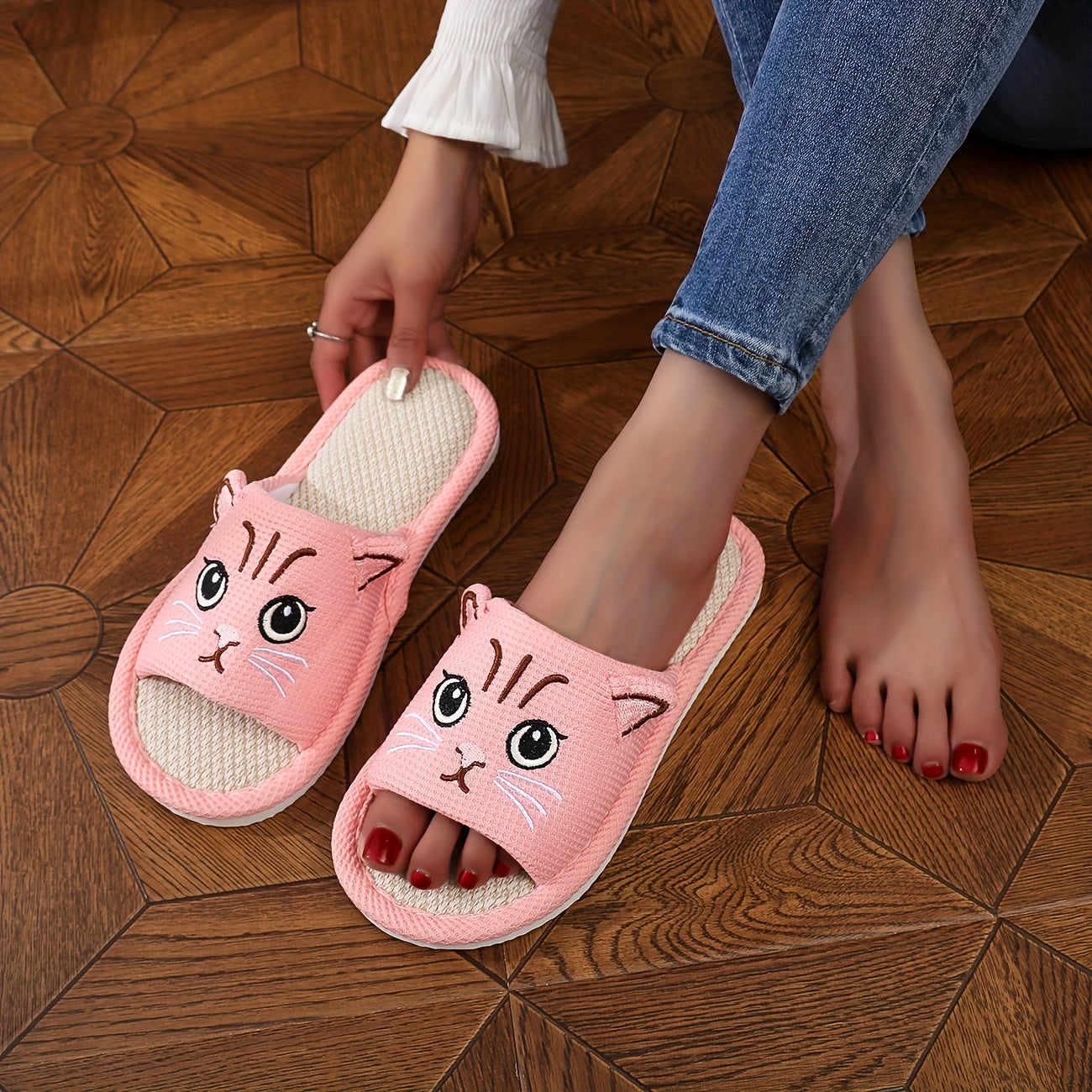 Kids or Adults Cartoon Cat Slippers Linen EVA Sole Non-Slip Open-Toe