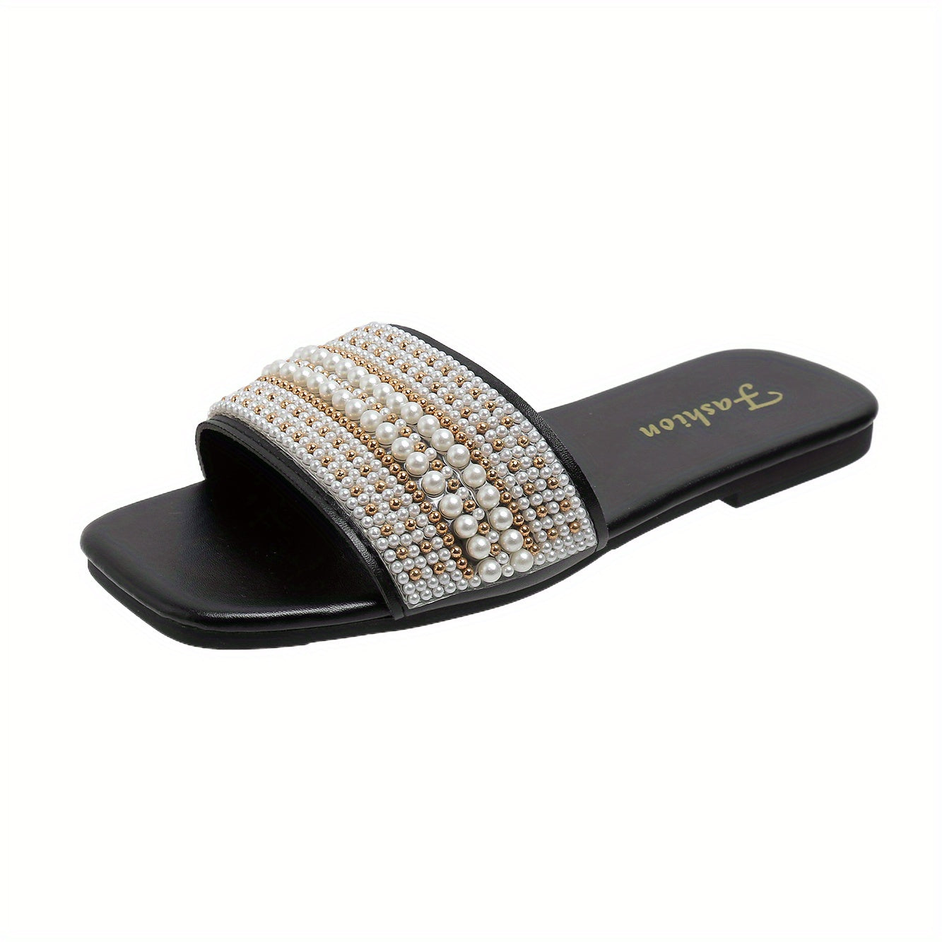 Women’s Pearl-Embellished Slide Sandals Faux Leather Flat Summer Footwear