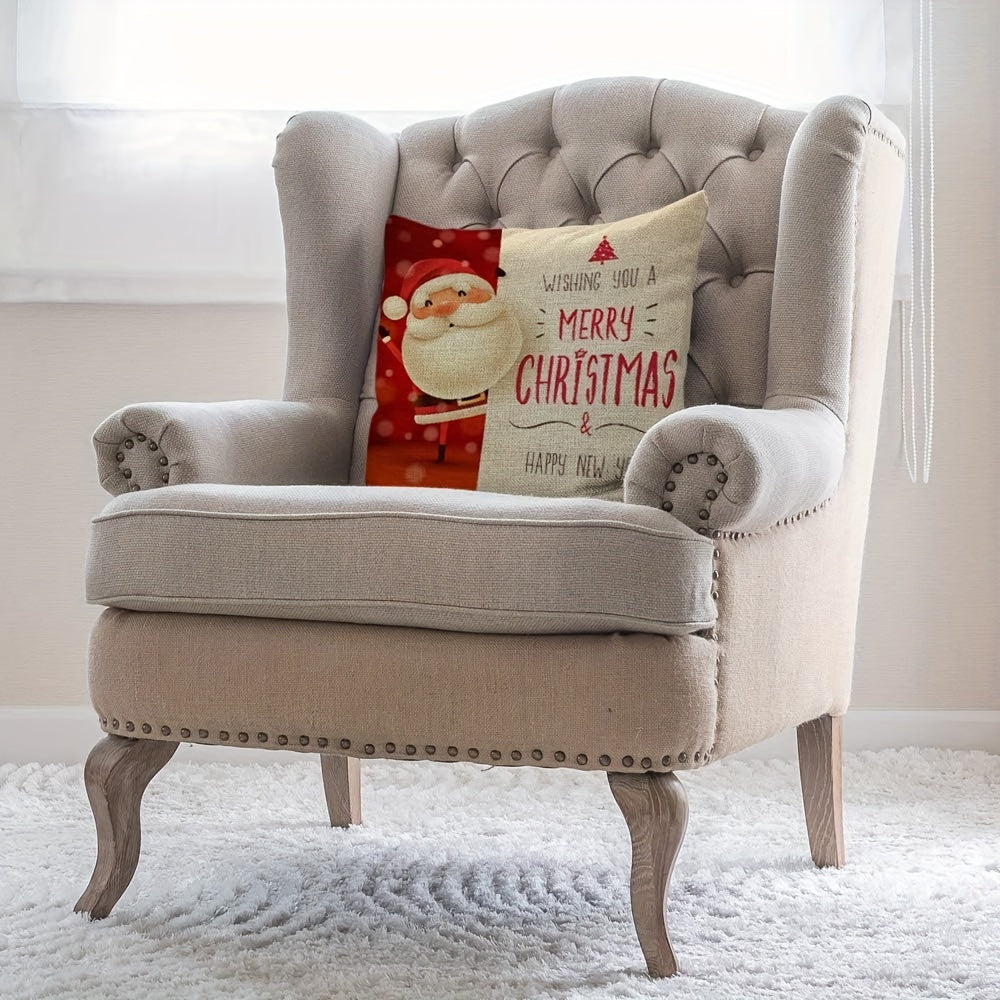 Christmas Santa Linen Pillowcase with Zipper, Festive Holiday Decor