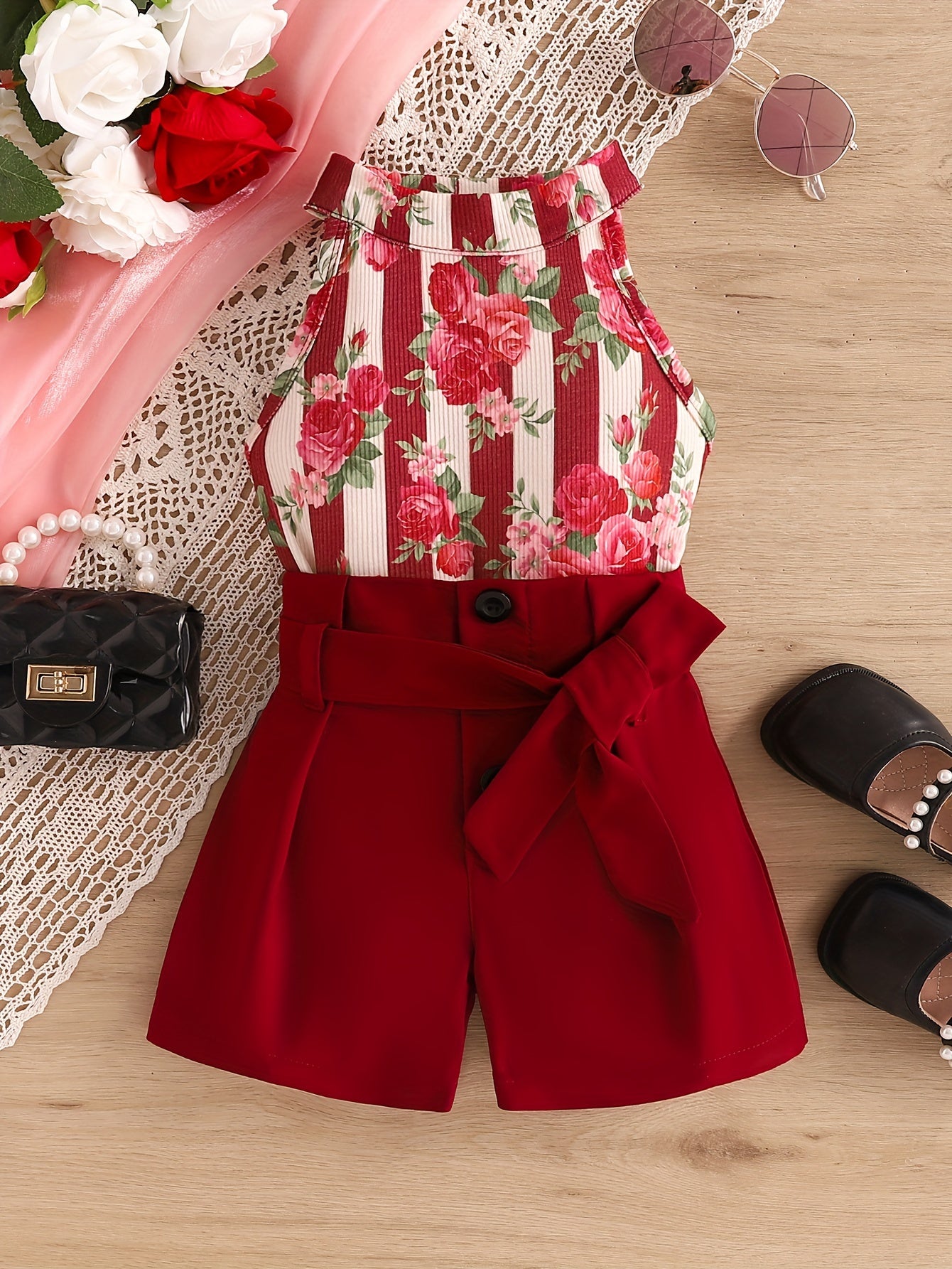 Girls Summer Outfit with Red Rose Print Halter Neck Stripe Top and Belt Shorts