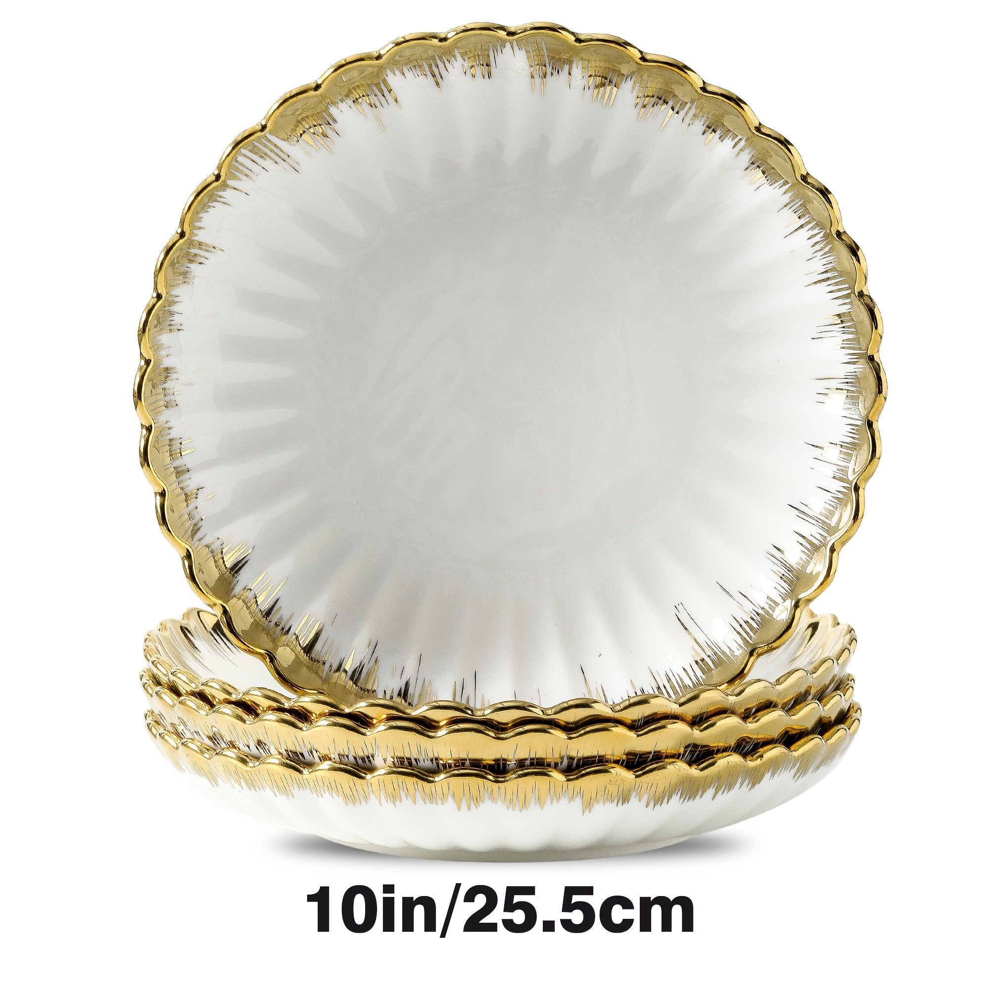 Set of 4 Ceramic Dinner Plates with Gold Rim for Pasta Salads and Desserts Dishwasher Safe Home and Restaurant Use