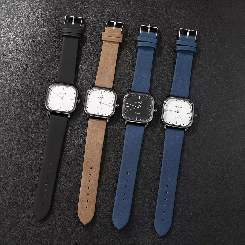 Set of 4 Men's Square Quartz Watches Faux Leather Strap Zinc Alloy Case Gift