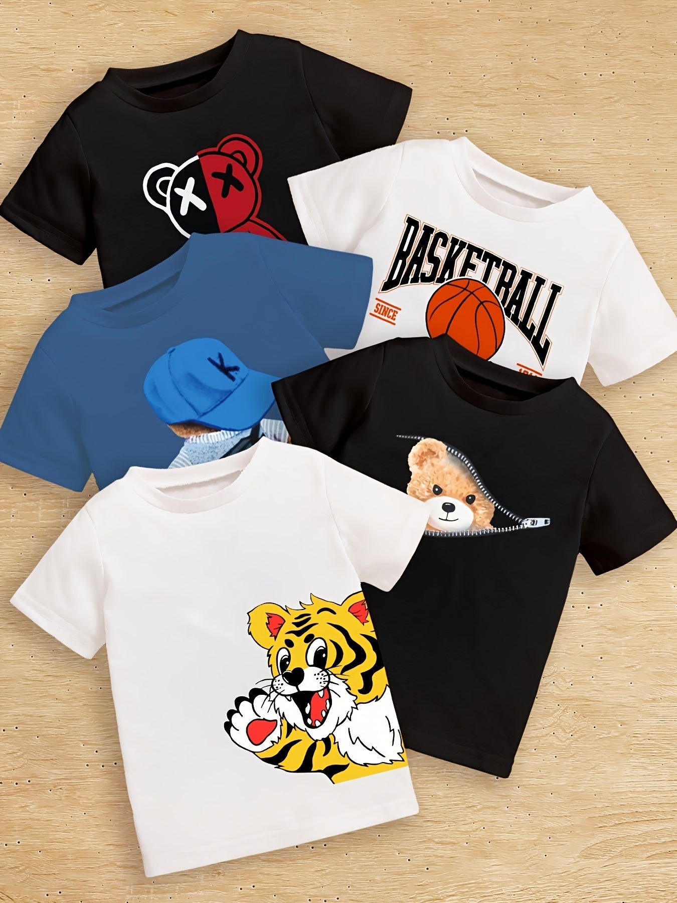 Boys' Summer Graphic T-Shirts Pack 5 Cartoon Valentine Basketball Cotton Blend