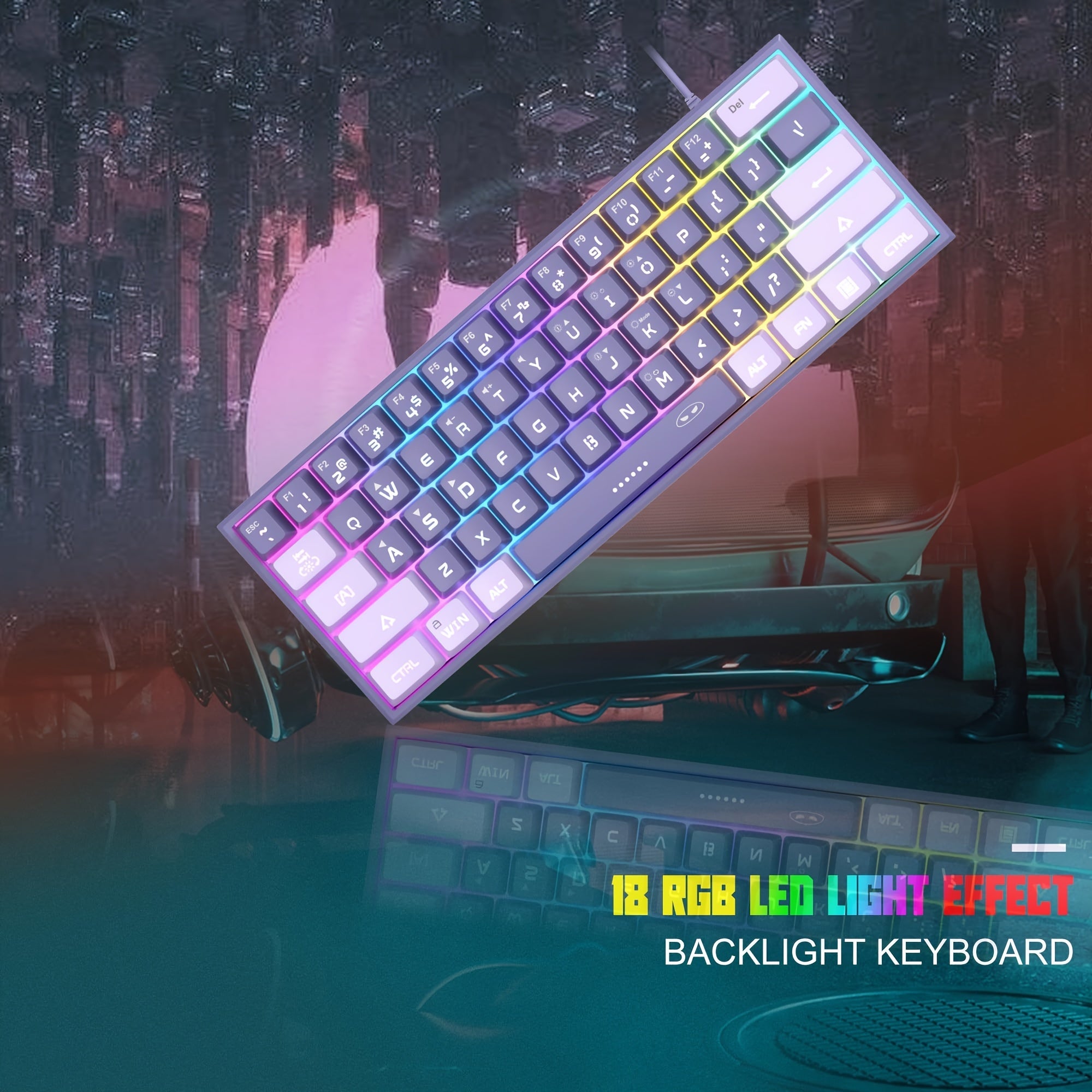 Compact 60% RGB Backlit Gaming Keyboard Violet with PBT Keycaps Ergonomic Design for PC MAC PS4