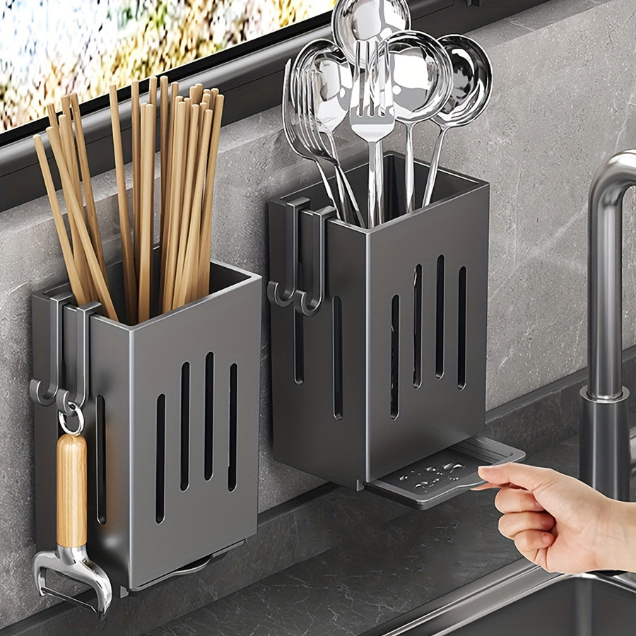 Wall-Mounted Plastic Utensil Holder with Drain Tray for Kitchen Storage