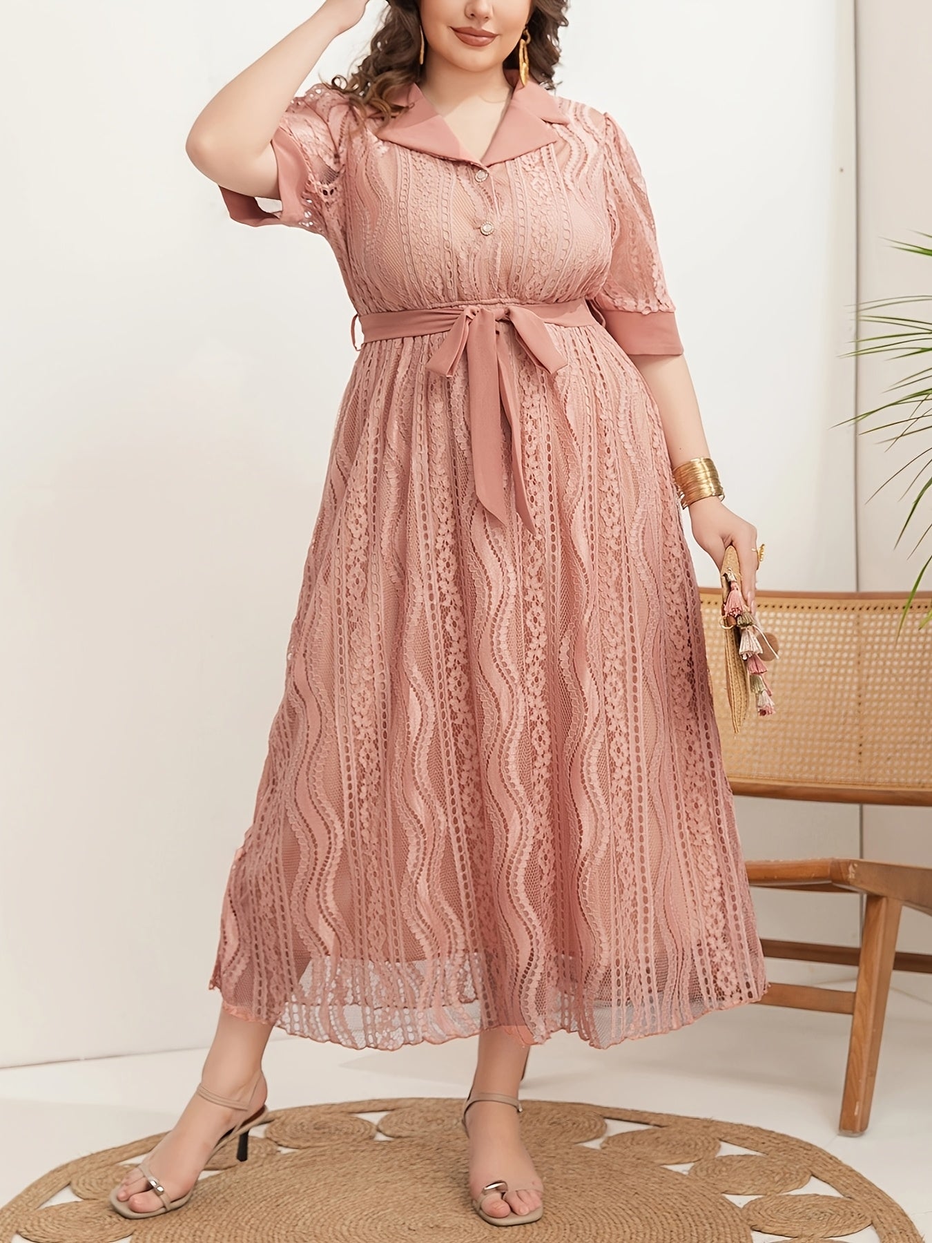 Women's Polyester V-Neck Tunic Dress Belted Solid Color Plus Size