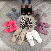 Women's Slip-On Cross Strap House Slippers Plush Furry Lining Flat Shoes