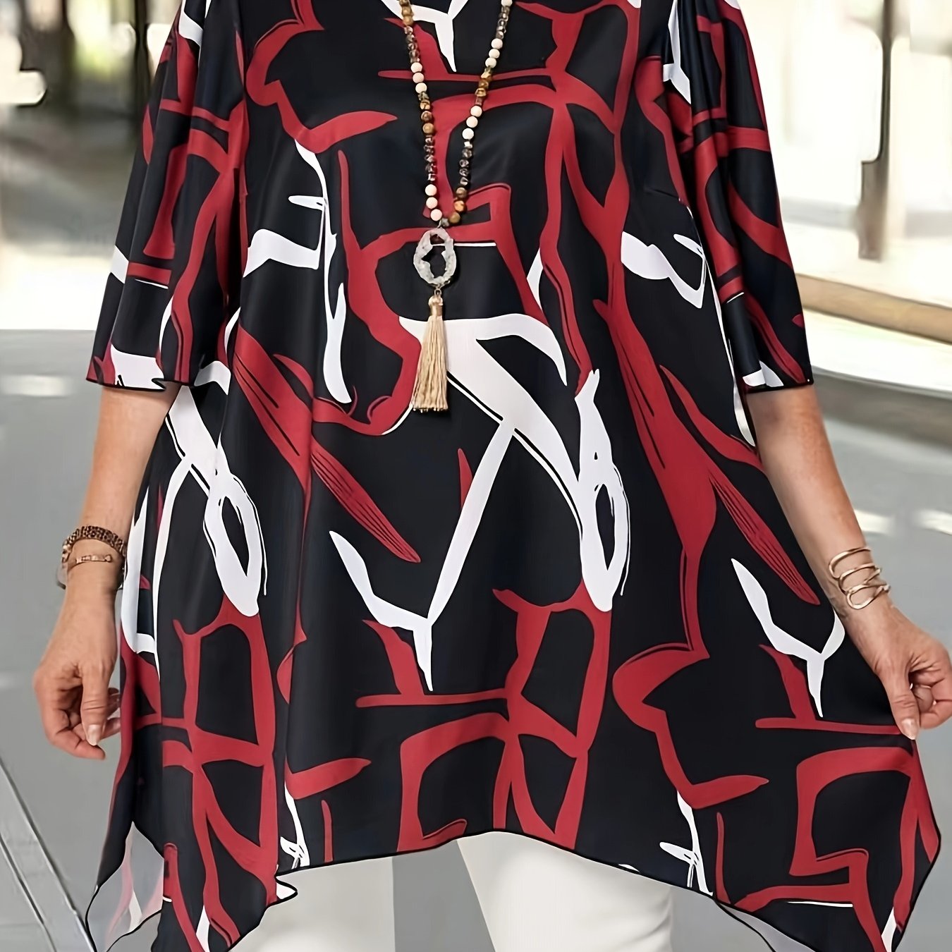 Plus Size Women's Asymmetrical Top Black White Geometric Long Sleeve