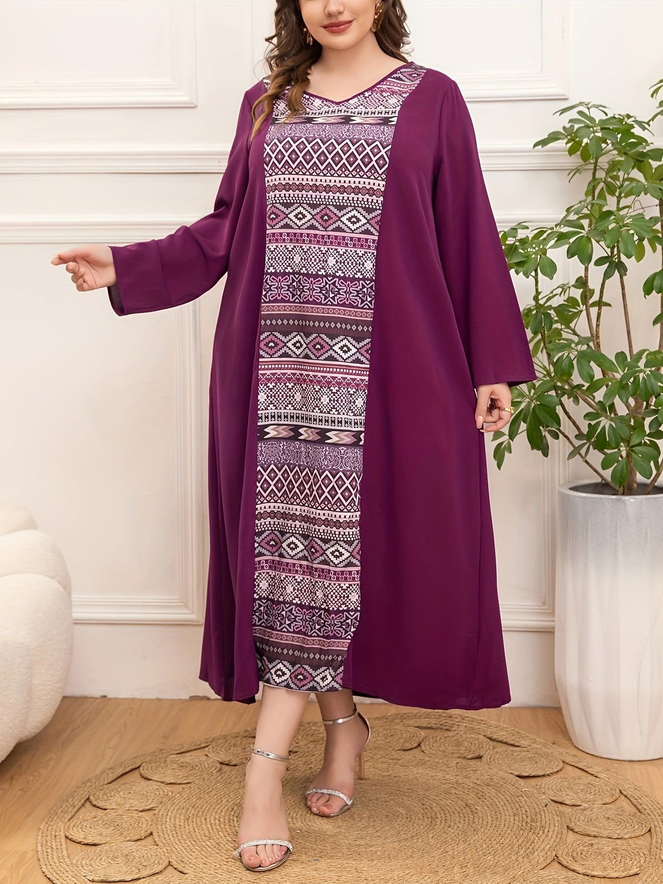 Women's Plus Size V-Neck Tunic Dress Polyester All-Season Loose Fit