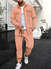 Men's Casual Sports Suit Set Long Sleeve Polyester Shirt with Pockets and Pants