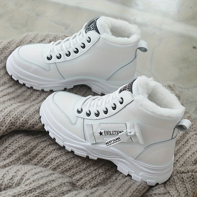 Women's Plush-Lined Ankle Boots Thermal Insulation Winter Slip-On Black White