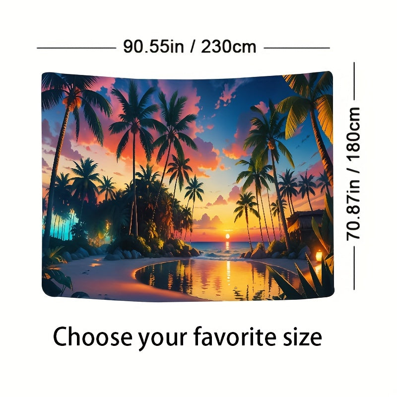 Sunset Beach Tapestry Wall Hanging with Palm Trees and Pool Polyester 8K Artwork