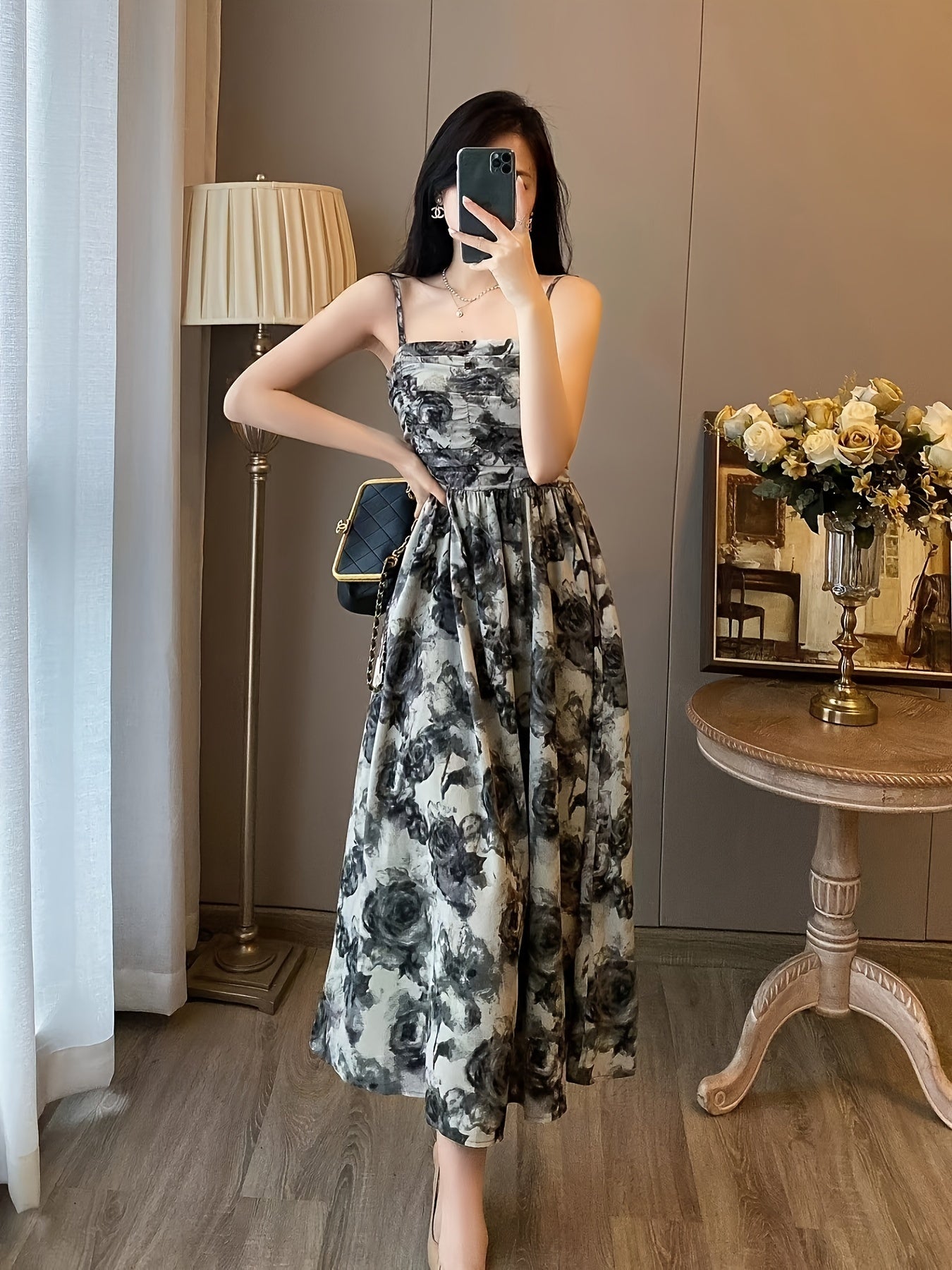 Women's Floral Print Clothing Set with Camisole Dress and Cardigan for Spring Summer