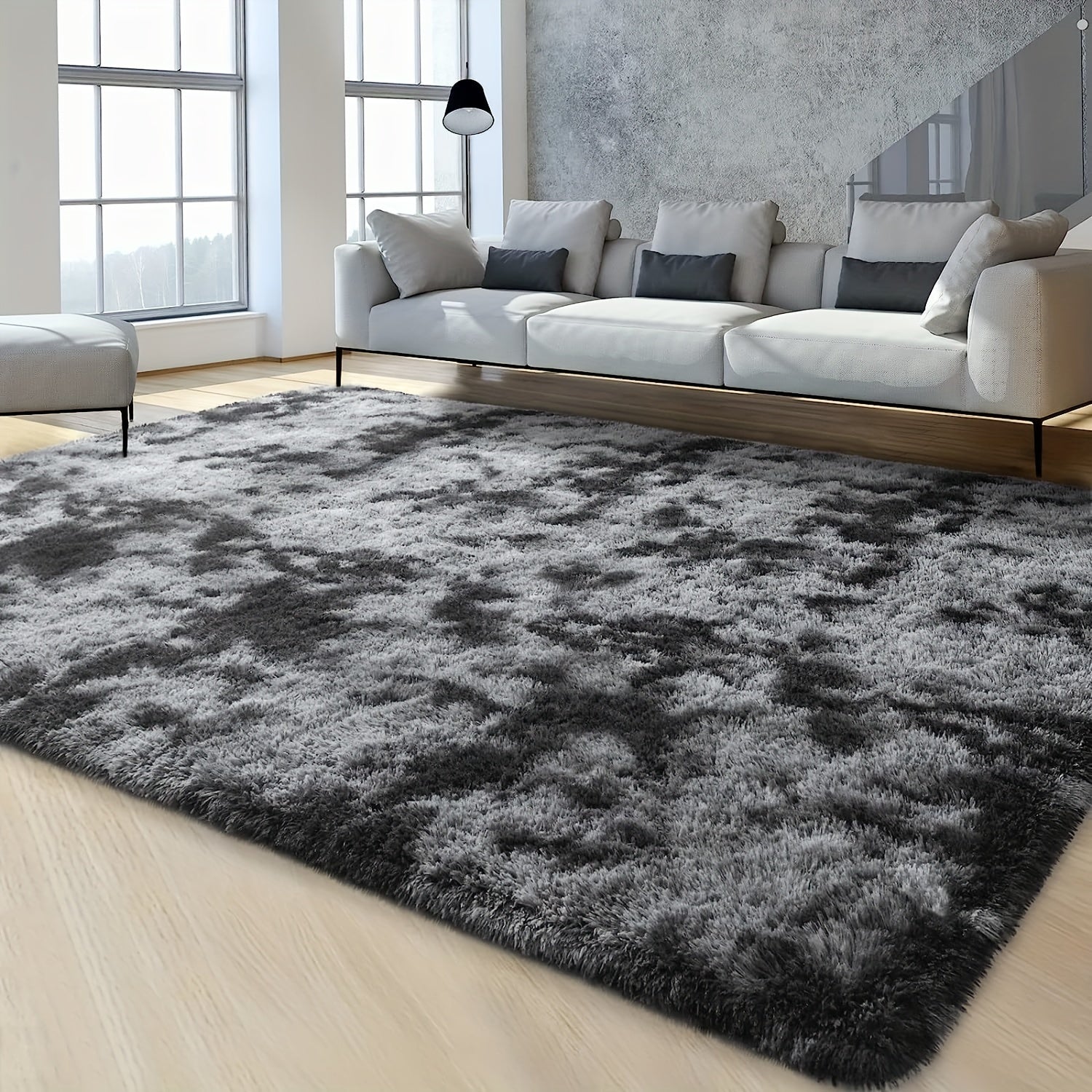 Rectangle Shag Plush Rug Dark Gray Tie-Dye Non-Slip Area Rug for Living Room Bedroom