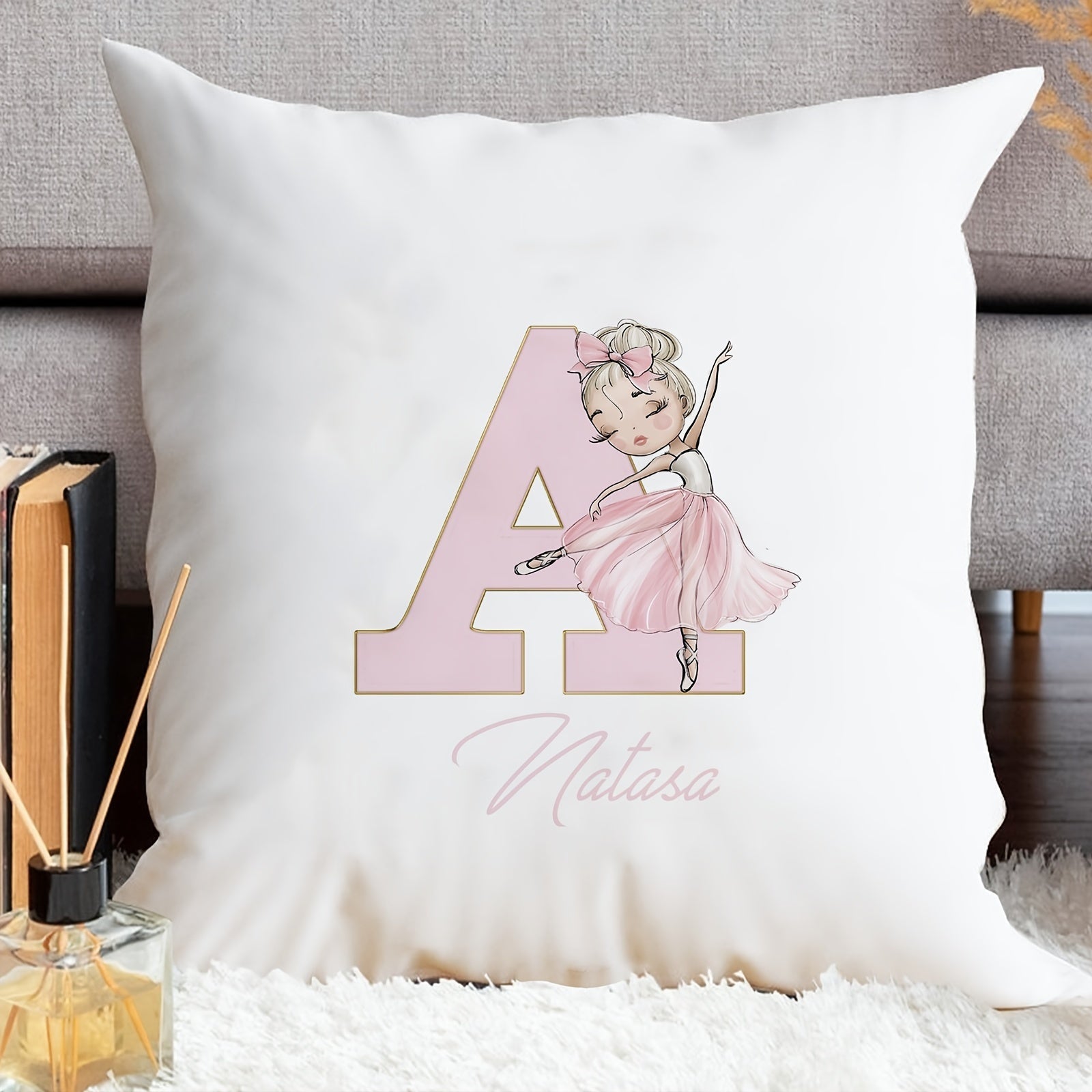 Shaxsiylashtirilgan samoviy yostiq qopqog'i, balet qiz dizayni bilan, pushti harflar, divan uchun dekor, bitta tomonli bosma