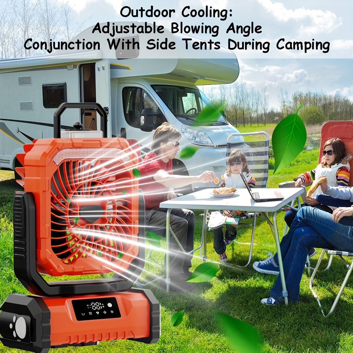 LED displey va masofadan boshqaruv bilan portativ RV ventilyatori, besh tezlikda sovutish, katta suv shishasi, uchta LED yorug'lik rejimi, favqulodda quvvat banki.
