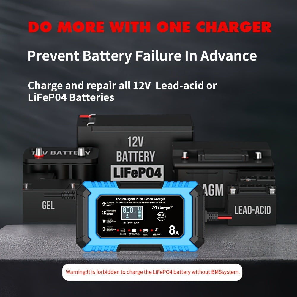 12V 8A Car Battery Charger with LCD Display Smart Fast Repair for Lead-Acid Batteries