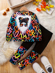 Kids Girls Heart Print Sweatshirt and Leggings Set Fall Winter Casual