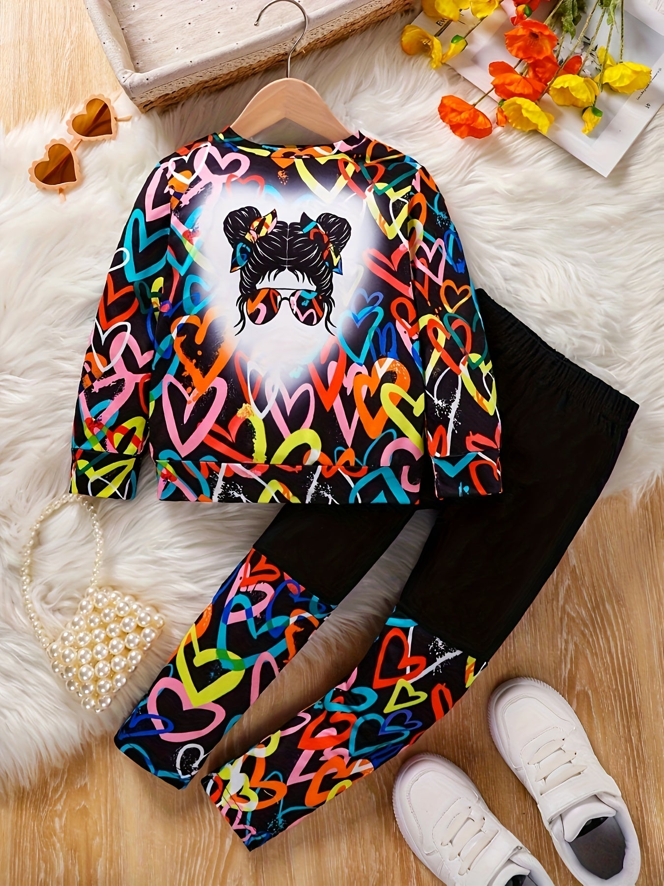 Kids Girls Heart Print Sweatshirt and Leggings Set Fall Winter Casual