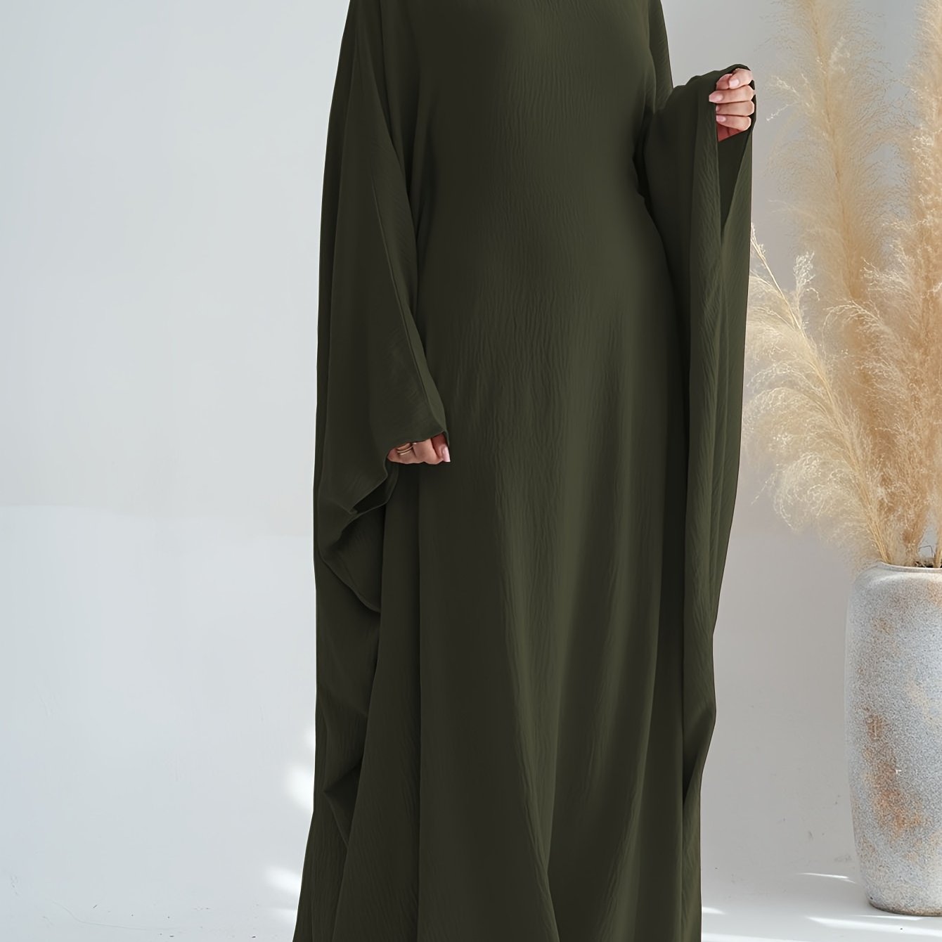 Plus Size Women Abaya Olive Green Polyester Batwing Ruffled Sleeve Dress