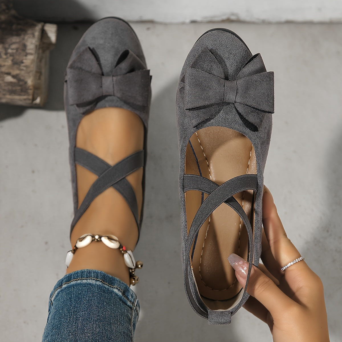 Zapatos planos de temporada para mujer, con lazo y correa cruzada, de color sólido, sin cordones, de franela