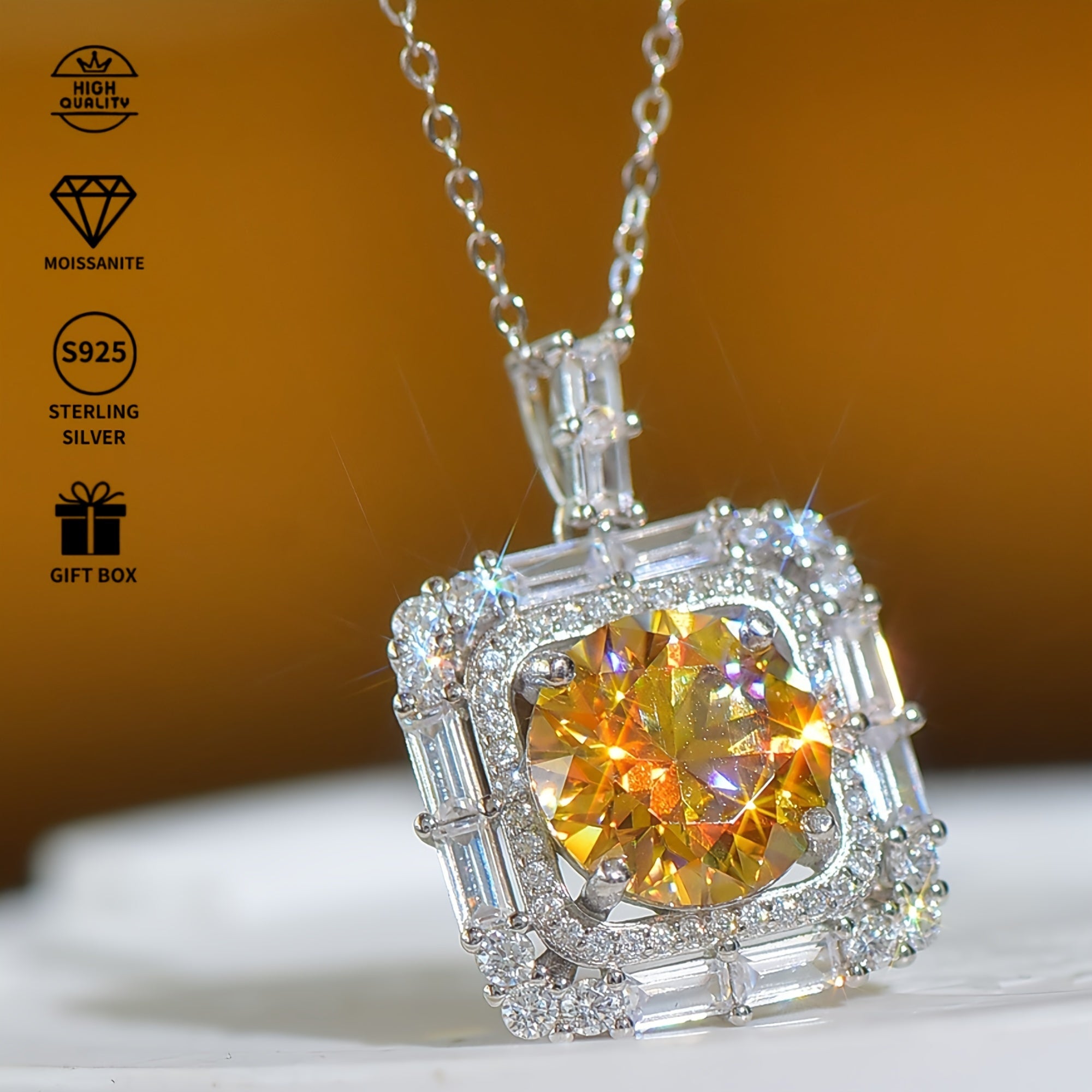 Sterling Silver Square Pendant Necklace 5 Carat Yellow Moissanite Jewelry