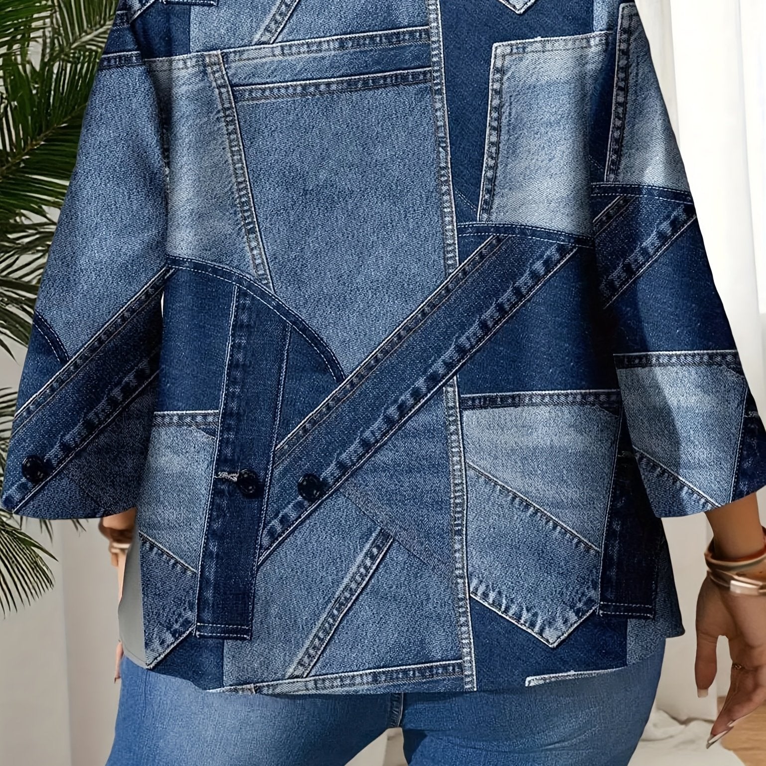 Plus Size Women's Denim Blouse Geometric Print 3/4 Sleeve Casual Top
