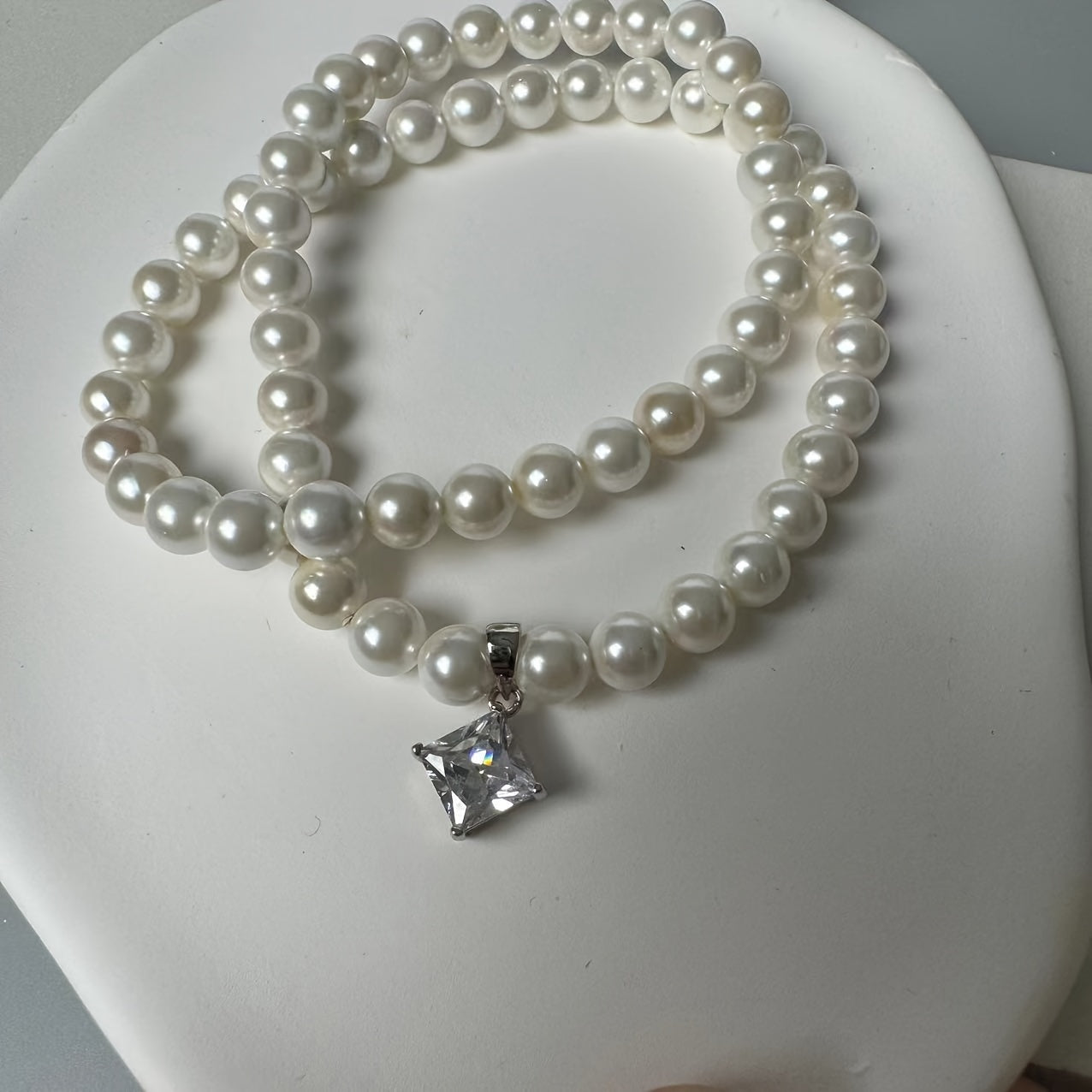 Princess Cut Pendant Necklace with Natural Pearl Beads and Moissanite in Sterling Silver and Gold Plating