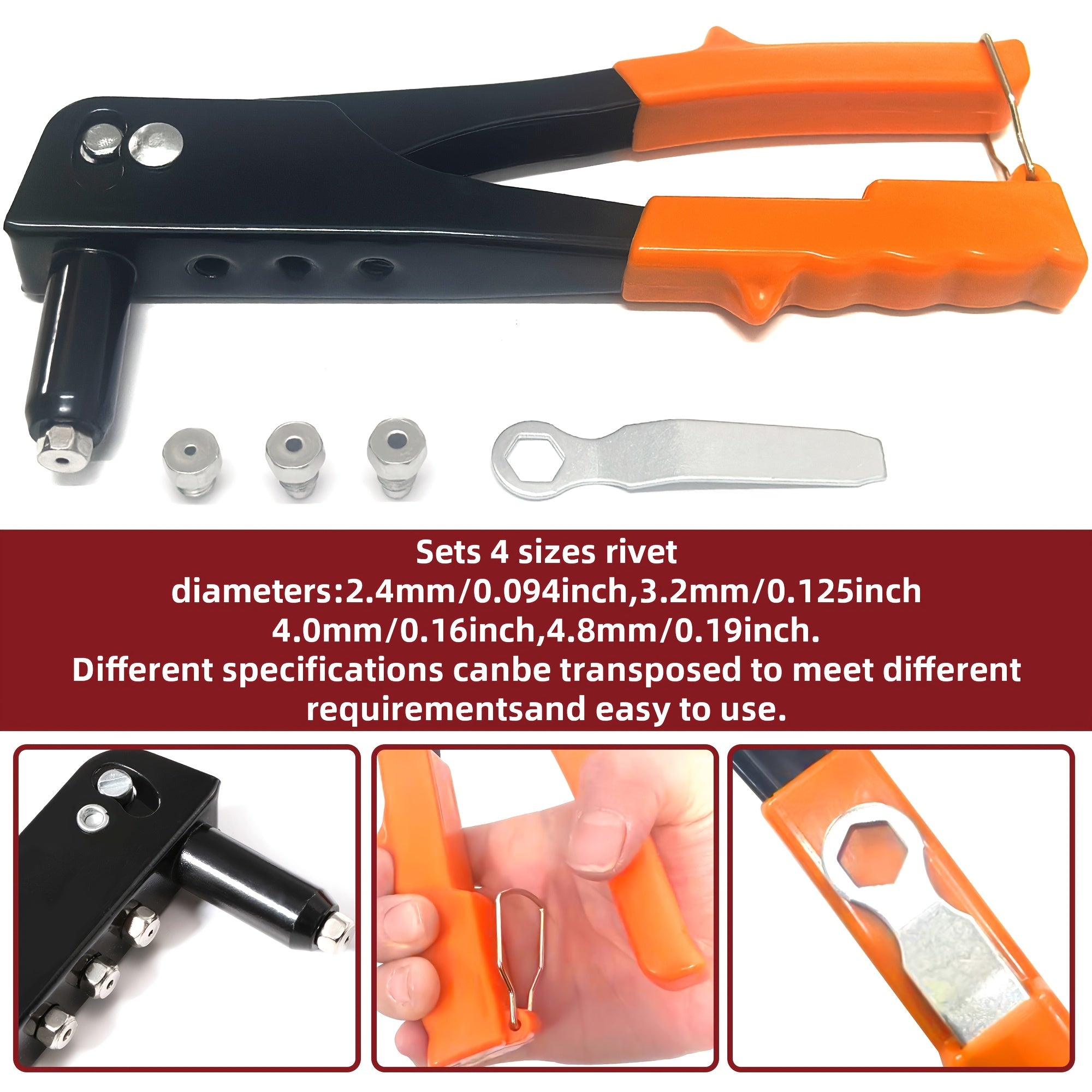Heavy Duty Hand Riveter with 4 Nosepieces and 120 Rivets for Metal Plastic Leather