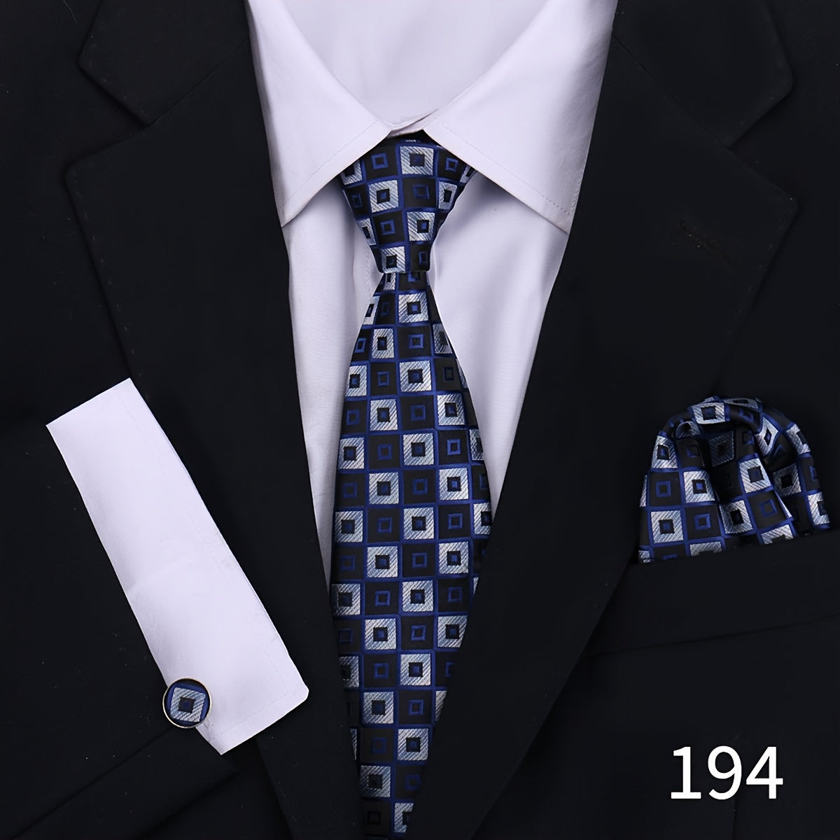 Men's Plaid Tie Set with Cufflinks and Handkerchief for Wedding and Formal Wear
